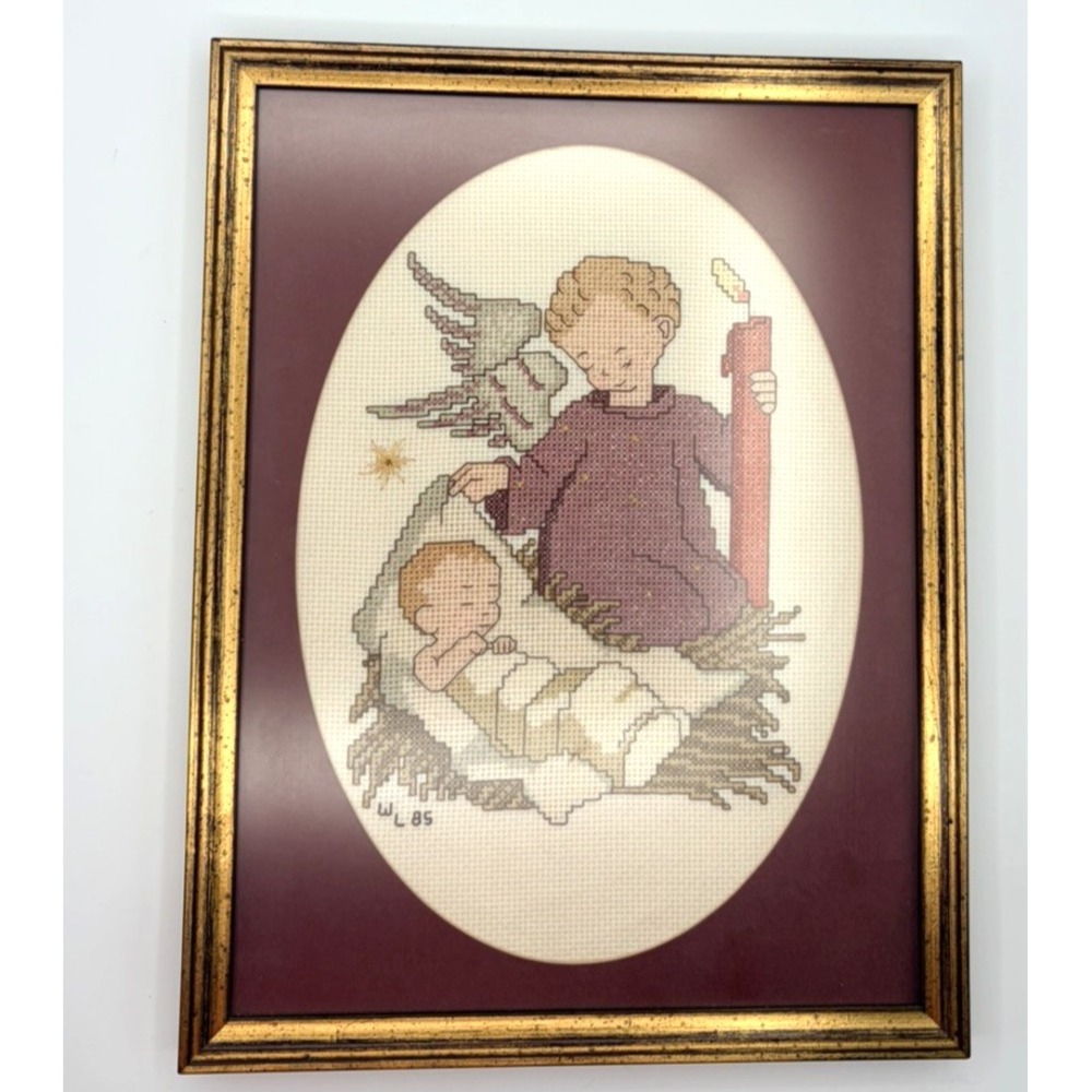 Vintage Handmade Completed Cross Stitch Hummel Angel Baby Jesus Framed 10 X 13